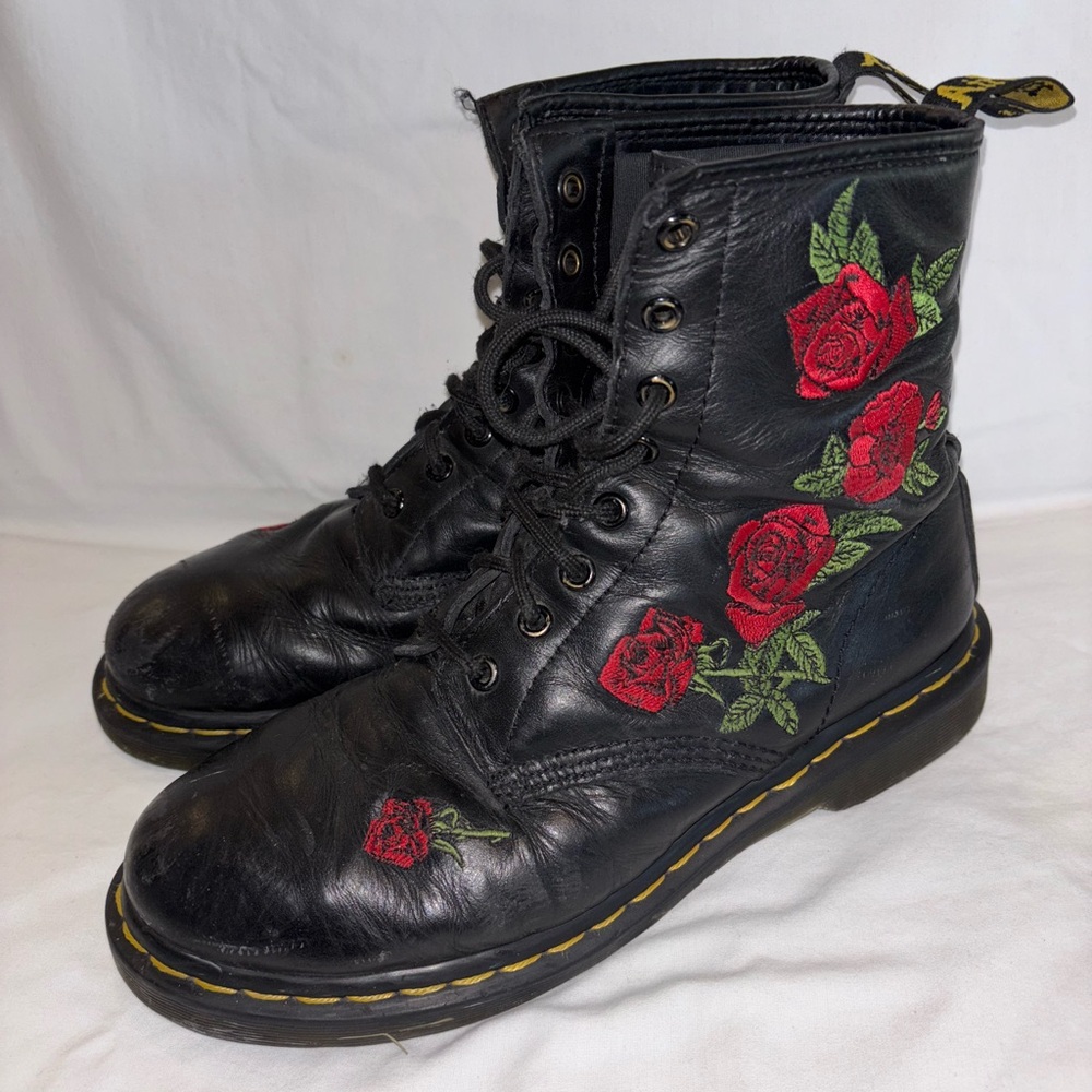 Doc Martens Vonda Black Boots with Red Floral Embroidery - Picture 2 of 8